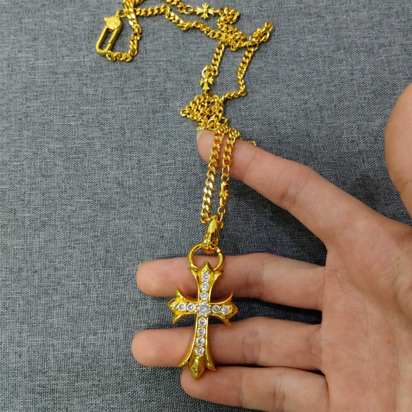 Chrome Hearts Gold Cross Pendant with Rhinestones